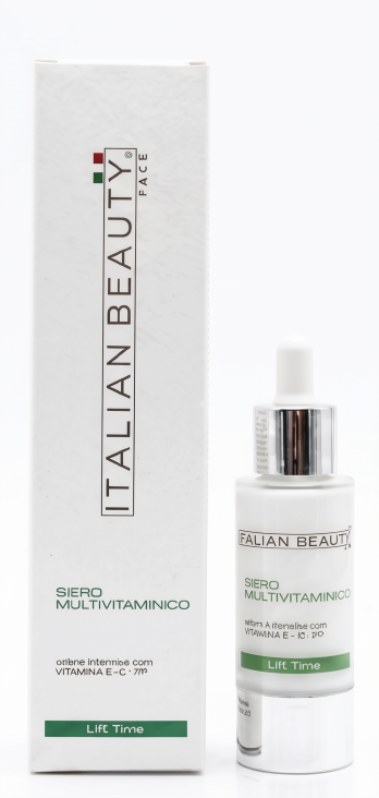 italian-beauty-siero-multivitaminico-seerum Italian Beauty Siero Multivitaminico multivitamiini seerum ja pakend valgel taustal.